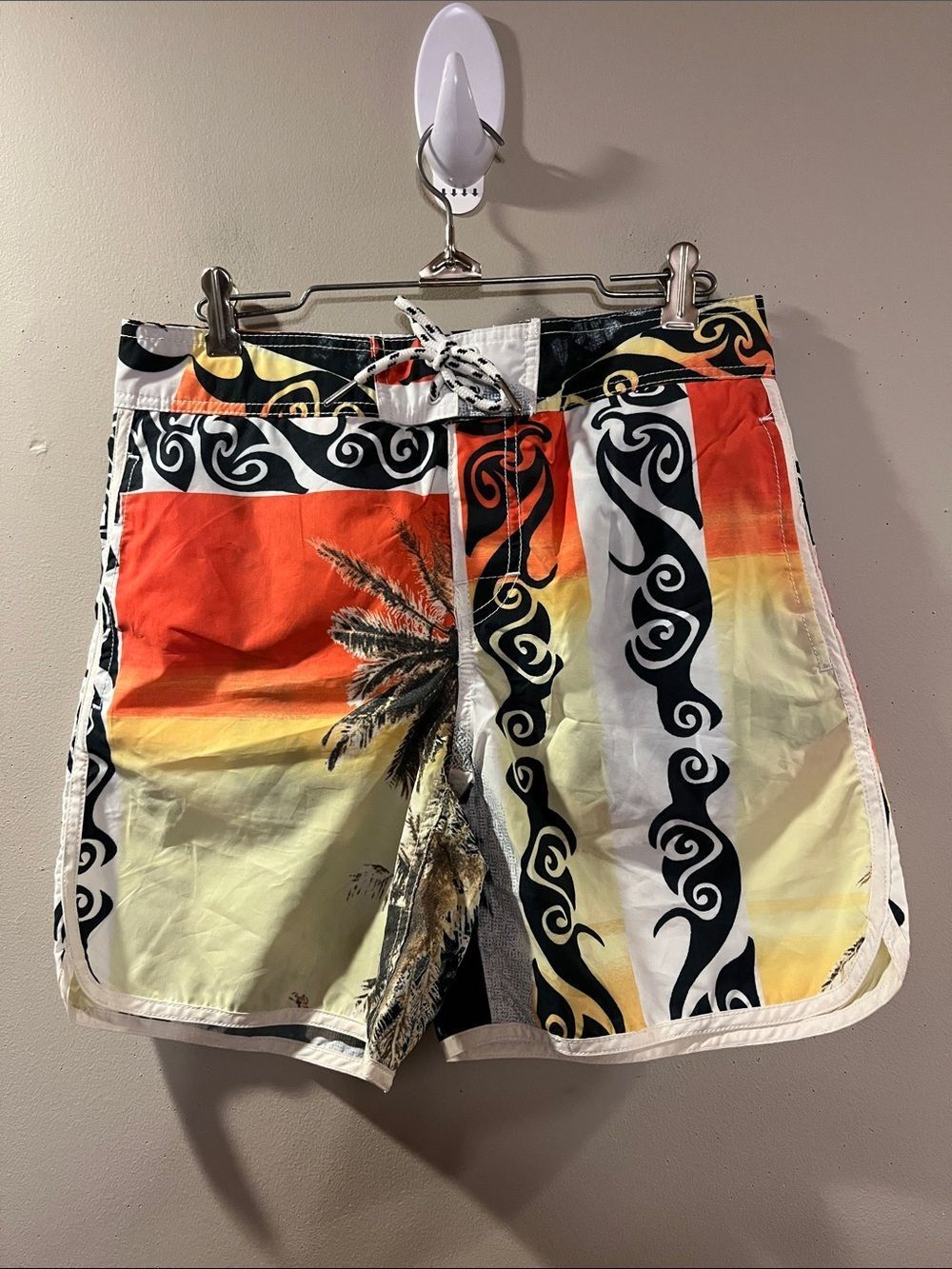 Urban Outfitters Orange, Yellow and Black Palm-Print Swim Shorts